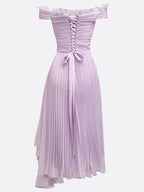 Lavender Ruched Lace Chiffon Off The Shoulder Short Sleeve A-Line Midi Dress