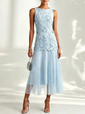 Light Blue Lace Lace Boat Neck Sleeveless A-Line Maxi Dress