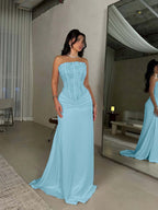 Satin Strapless Sleeveless Long Pleated Mermaid Prom Dress With Flowers And Sequins YK0636