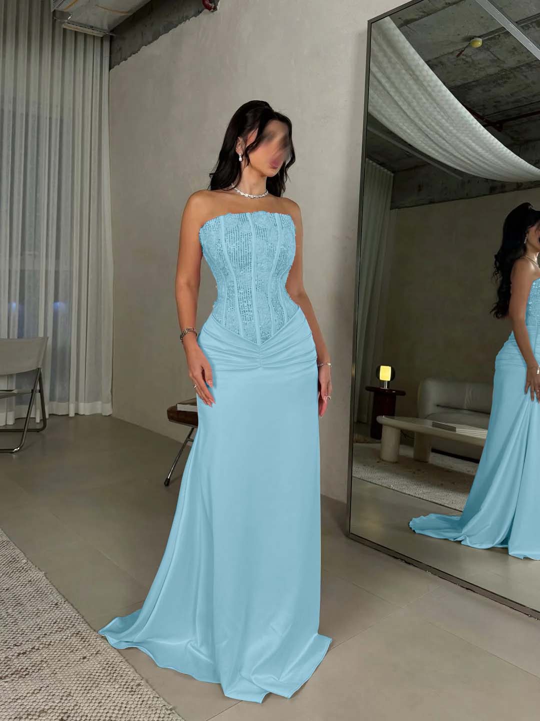 Satin Strapless Sleeveless Long Pleated Mermaid Prom Dress With Flowers And Sequins YK0636