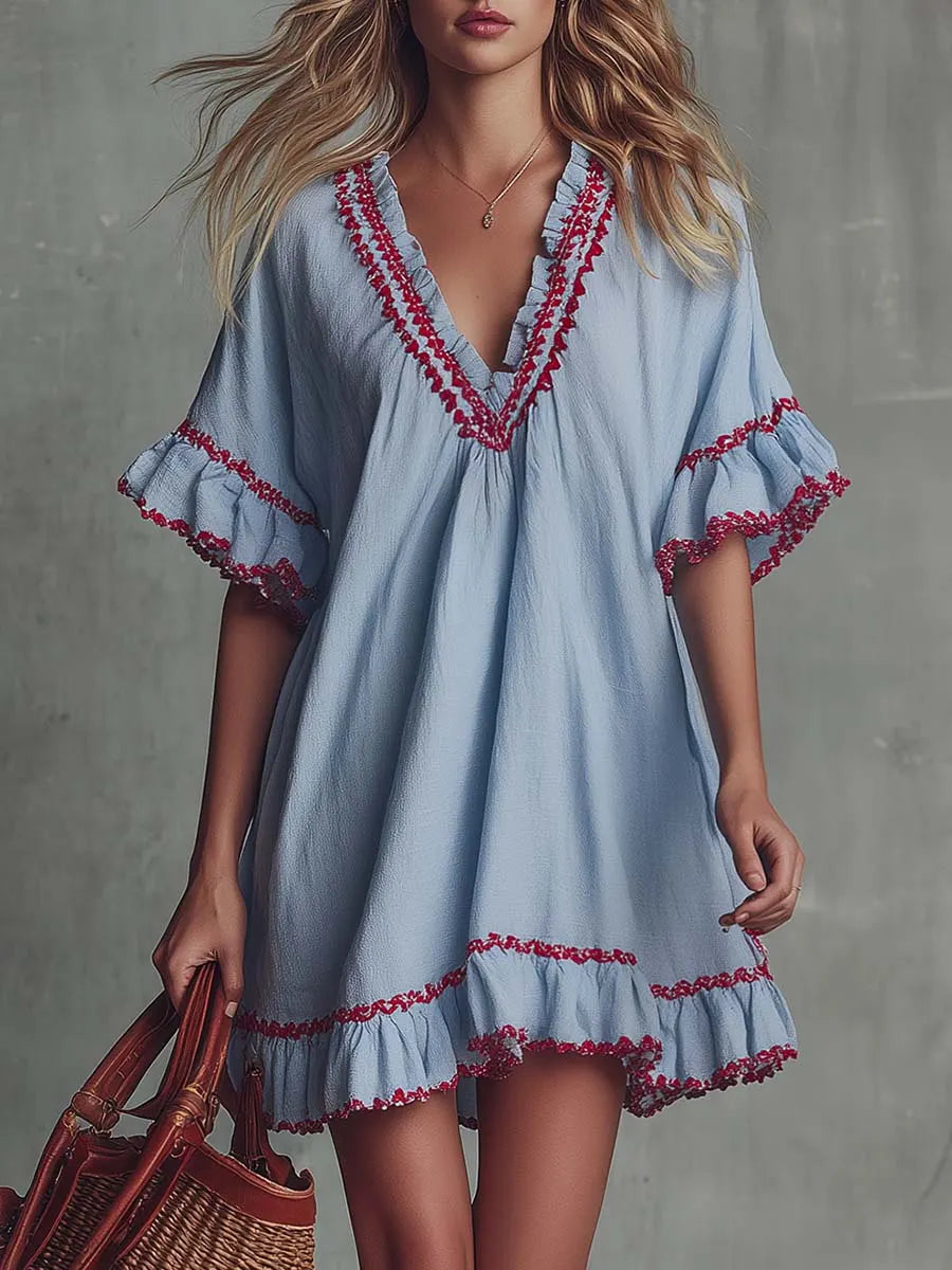 Vintage Bohemian V-neck Ruffled Hazy Blue Cotton-linen Mini Dress
