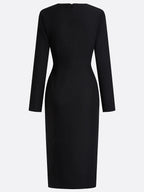 Black Piping Bow Classic V Neck Long Sleeve Sheath Midi Dress