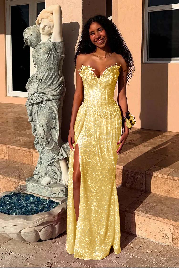Red Strapless Sleeveless Long Mermaid Prom Dress With Sequins Split XJ0657