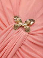 Rose Pink Metal Ruched Classic Halter Sleeveless Bodycon Floor-length Gown Dress