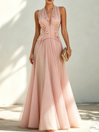 Green Chiffon V Neck Sleeveless A-Line Floor-length Gown Dress