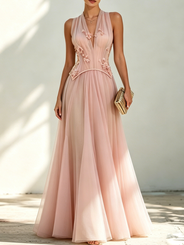Green Chiffon V Neck Sleeveless A-Line Floor-length Gown Dress