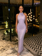 Cocoslly Halter Sleeveless High Waist Long Mermaid Prom Dress With Rhinstone | Sliver Satin LX0110