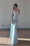 Cocoslly Off-The-Shoulder Sleeveless High Waist Long Mermaid Prom Dress | Baby Blue Satin ZT0711