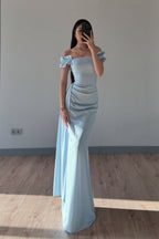 Cocoslly Off-The-Shoulder Sleeveless High Waist Long Mermaid Prom Dress | Baby Blue Satin ZT0711