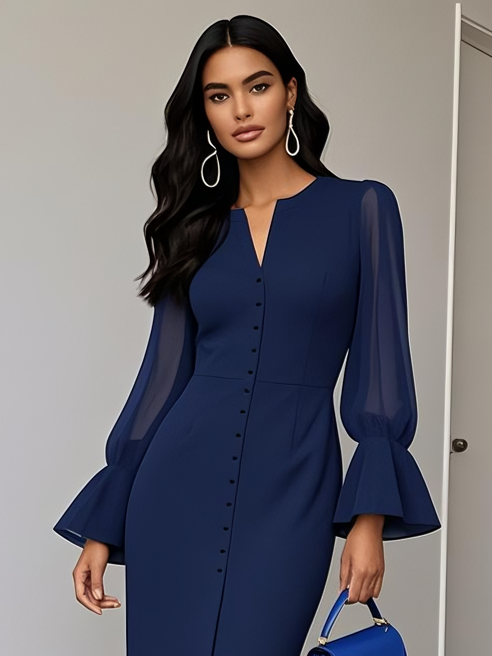 Purplish Blue Buckle Classic V Neck Long Sleeve Bell Sleeve Mermaid Midi Dress