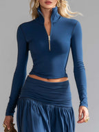 Elegant Sporty Dark Blue Cotton Lapel Zip-front Top And Low-rise Skirt Set