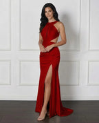 Cocoslly Halter Sleeveless High Waist Long Prom Dress With Split And Pleated | White Satin LX0111