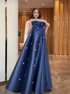 Cocoslly Strapless Sleeveless High Waist Long A Line Prom Dress With Rhinstone | Navy Blue Satin JZ0146