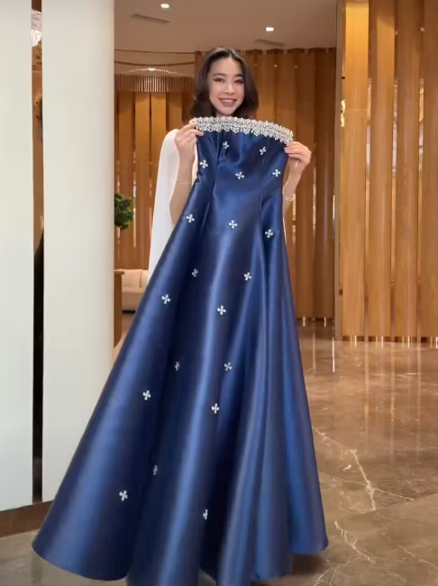 Cocoslly Strapless Sleeveless High Waist Long A Line Prom Dress With Rhinstone | Navy Blue Satin JZ0146