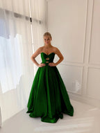 Satin V-Neck Strapless Sleeveless Long A-Line Prom Dress With Pleated And Rhinstone YK0706