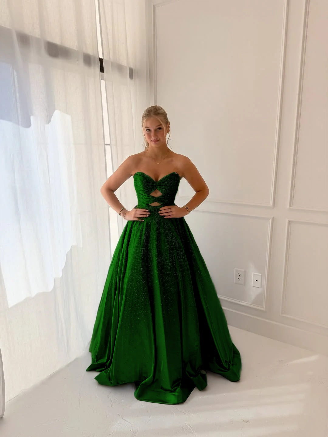 Satin V-Neck Strapless Sleeveless Long A-Line Prom Dress With Pleated And Rhinstone YK0706