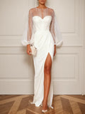 White Faux Pearl Side-Slit Classic Crew Neck Long Sleeve Puff Sleeve Sheath Bridal Gown Dress