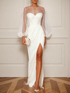 White Faux Pearl Side-Slit Classic Crew Neck Long Sleeve Puff Sleeve Sheath Bridal Gown Dress