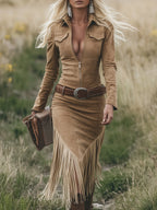 Retro Western Lapel Zipper Long Sleeve Tassel Midi Dress