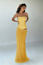 Cocoslly Strapless Sleeveless High Waist Long Mermaid Prom Dress | Creme Yellow Satin And Sequins YC0568
