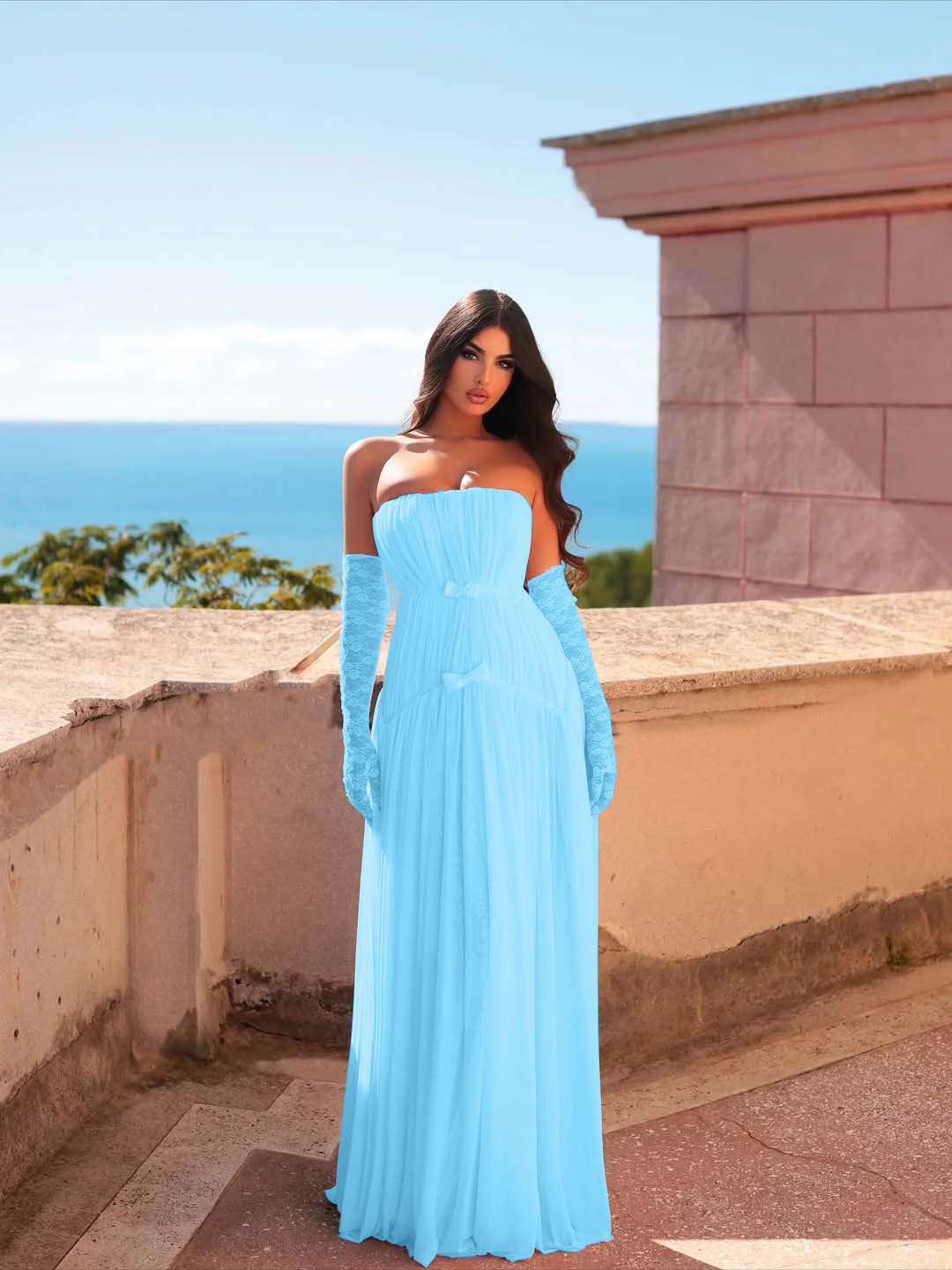 Chiffon Strapless Sleeveless Long Pleated A-Line Prom Dress With Bows And Gloves YK0680