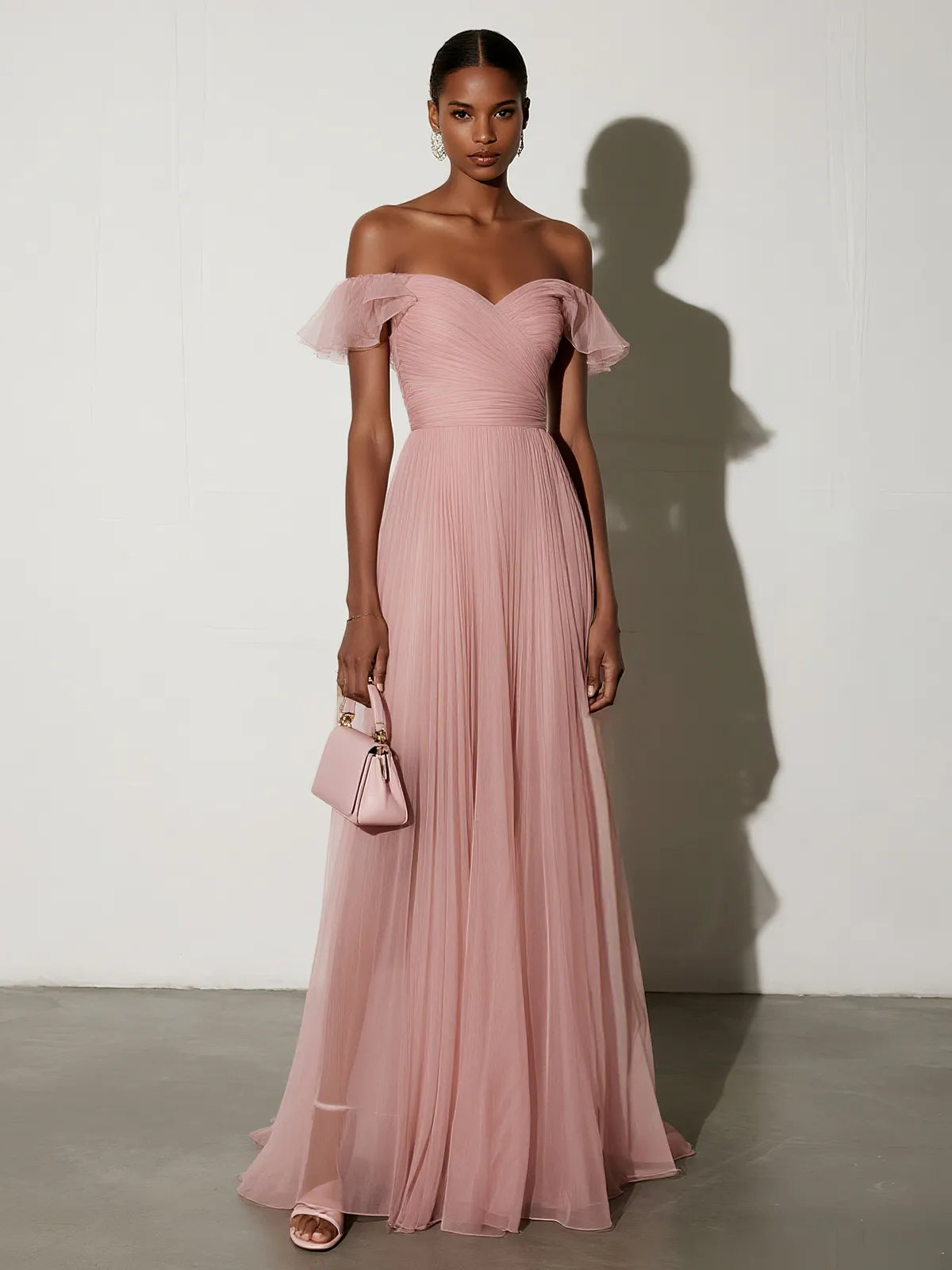 Pink Ruffled Pleated Tulle Off The Shoulder Short Sleeve A-Line Gown Dress