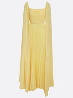 Yellow Pleated Chiffon Dress Square Neck Long Sleeve A-Line Gown