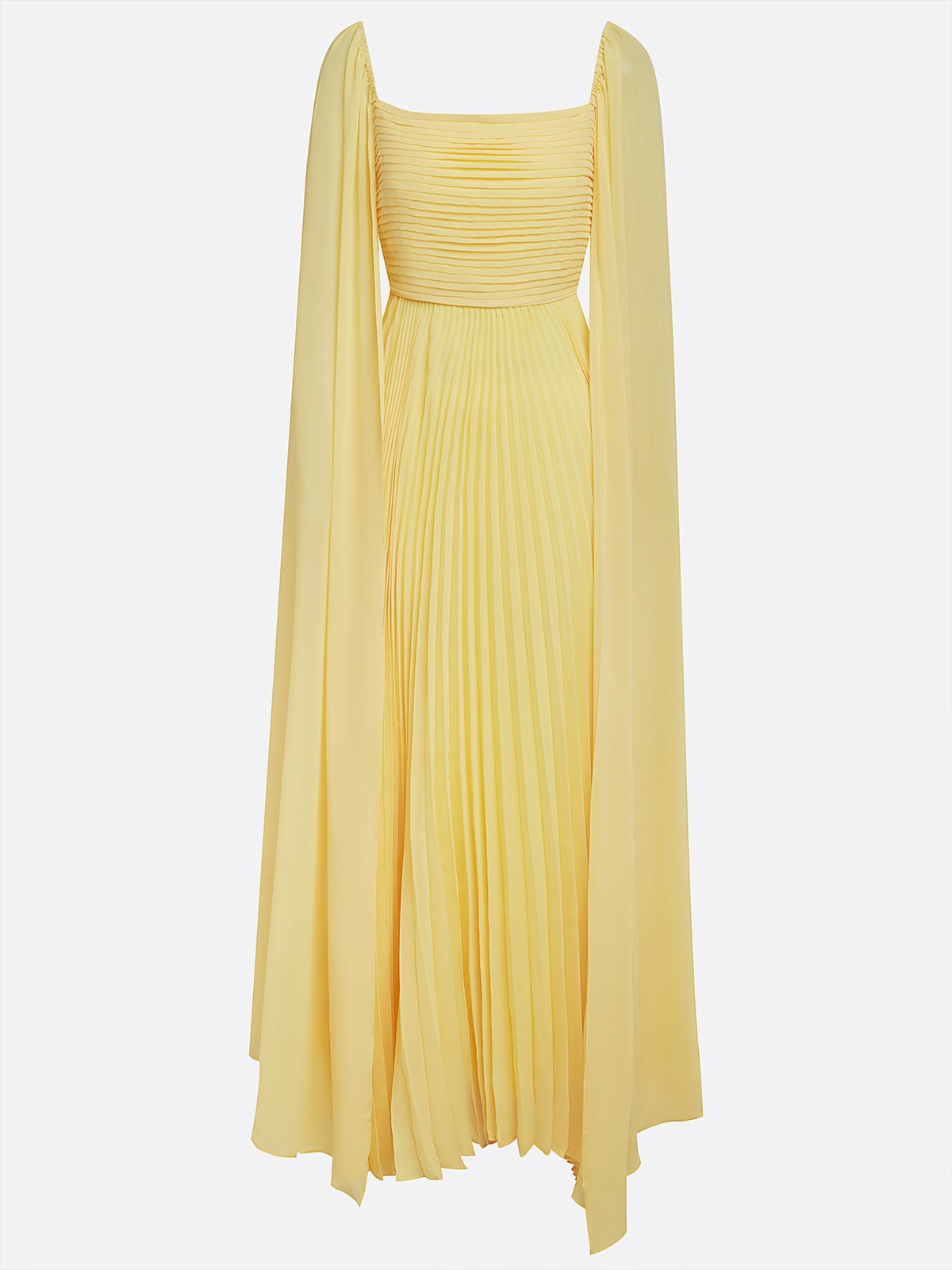 Yellow Pleated Chiffon Dress Square Neck Long Sleeve A-Line Gown