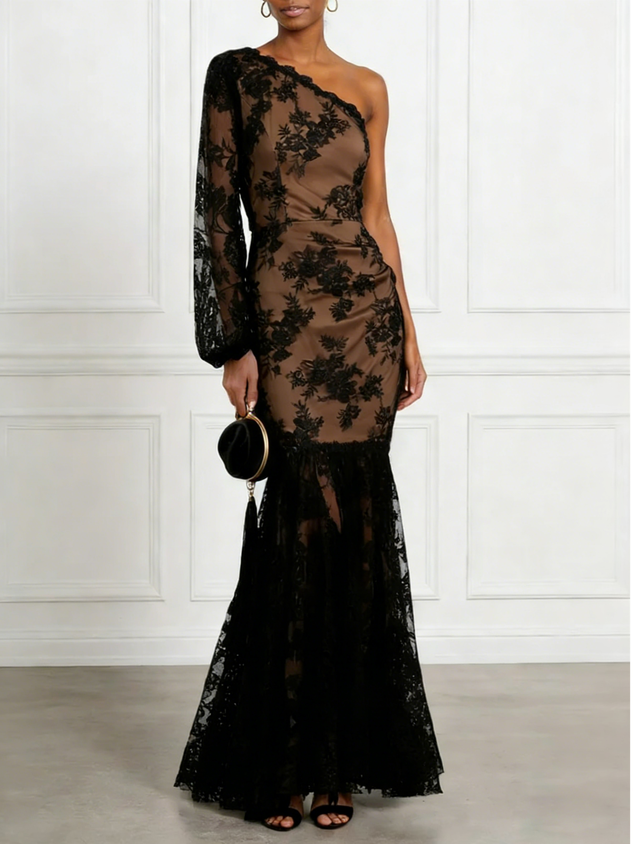 Black Embroidery Lace One Shoulder Long Sleeve Mermaid Maxi Dress