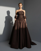 Satin Asymmetric Strapless Sleeveless Long Pleated A-Line Prom Dress With Beadings And Ruffles YK0766