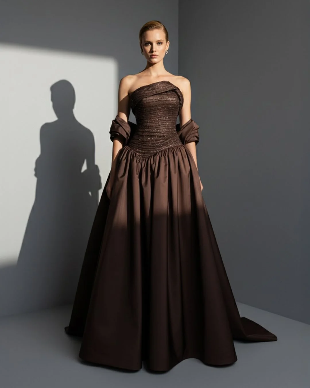 Satin Asymmetric Strapless Sleeveless Long Pleated A-Line Prom Dress With Beadings And Ruffles YK0766
