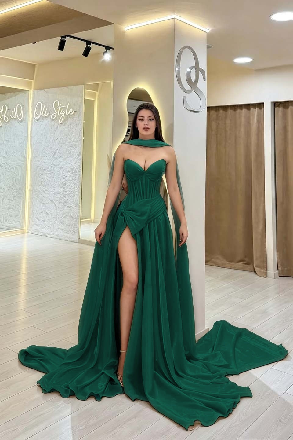 Cocoslly Strapless Sweetheart Sleeveless High Waist Long Split Prom Dress With Scarf | Burgundy Satin YC0479