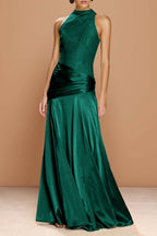 Cocoslly High-Neck Sleeveless Long Pleated Mermaid Prom Dress With Embroidery | Sage Green Satin ZA0147