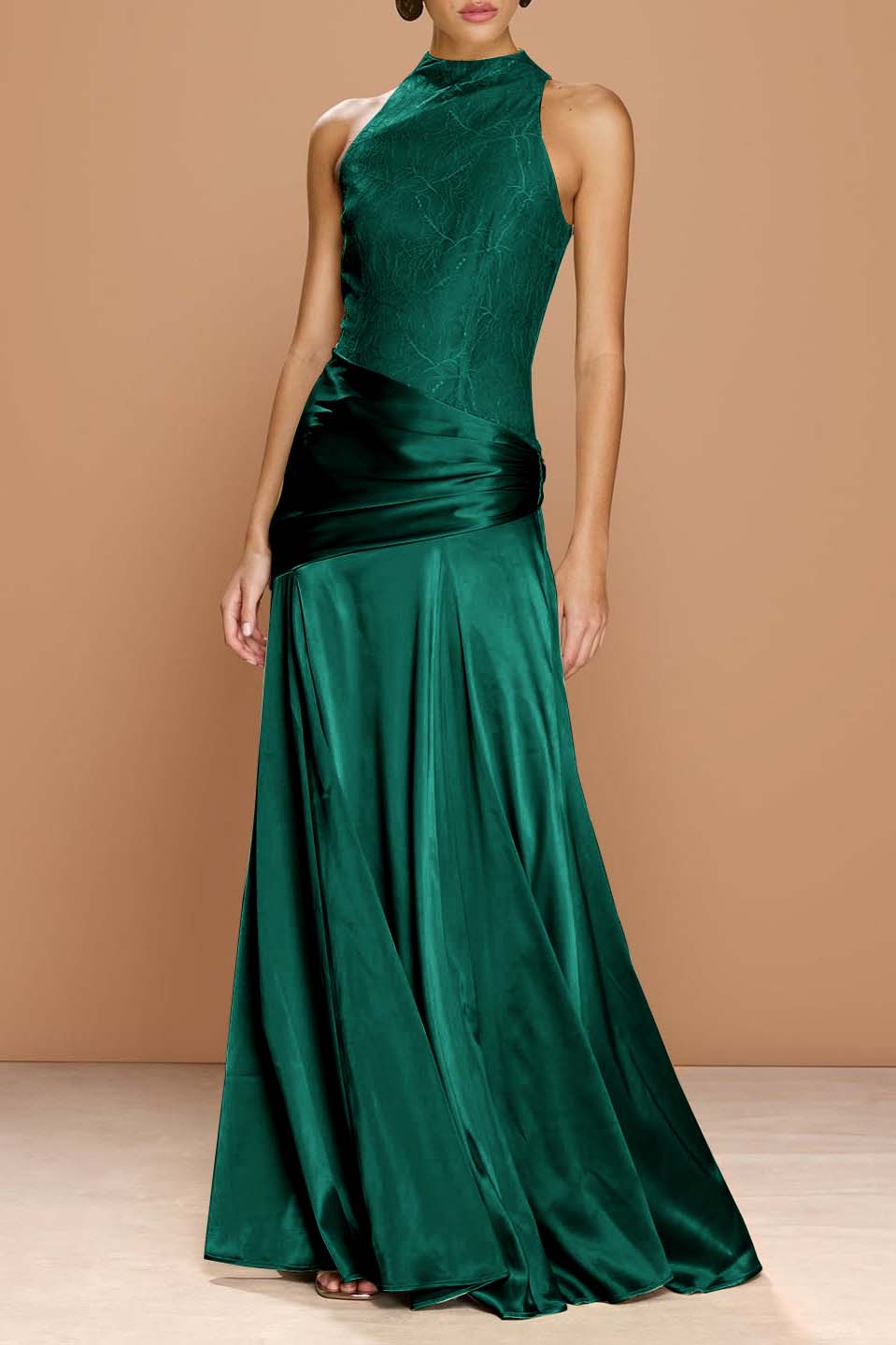 Cocoslly High-Neck Sleeveless Long Pleated Mermaid Prom Dress With Embroidery | Sage Green Satin ZA0147