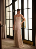 Cocoslly Spaghetti Straps Sleeveless High Waist Long Prom Dress With Rhinstone And Beading Pearls | Nude Sequins LX0091