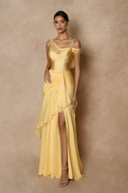 Cocoslly Wide Straps Sleeveless High Waist Long Prom Dress With Split And Ruffles | Glod Chiffon