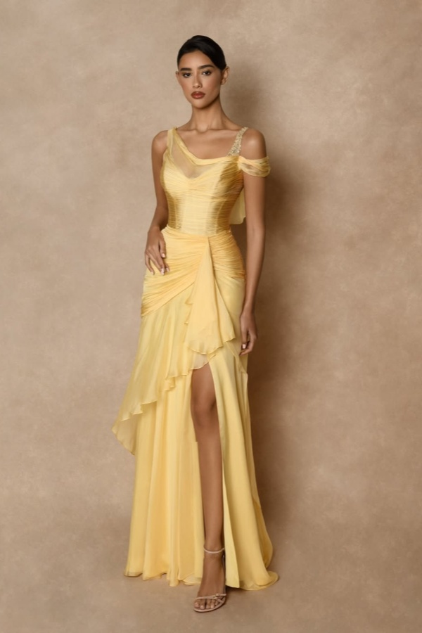 Cocoslly Wide Straps Sleeveless High Waist Long Prom Dress With Split And Ruffles | Glod Chiffon