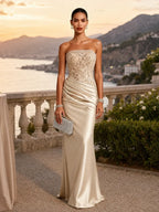 Champagne Lace Jacquard Satin Strapless Sleeveless Mermaid Gown Dress