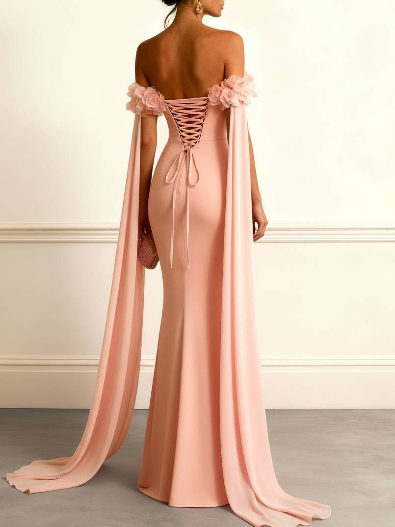 Pink 3D Floral Ruched Classic Off The Shoulder With Removable Cape Short Sleeve Mermaid Gown Dress
