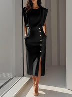 Off White Button Side-Slit Classic Crew Neck Sleeveless Sheath Midi Dress With Pockets