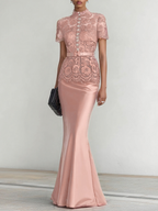 Wine Red Buckle Lace Classic Mock Neck Short Sleeve Mermaid Maxi Dress