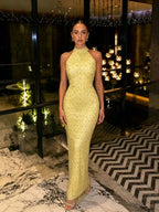 Cocoslly Halter Sleeveless High Waist Long Mermaid Prom Dress With Rhinstone | Sliver Satin LX0110