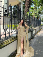 Strapless Sleeveless Long Mermaid Prom Dress With Split Pleated YK0291