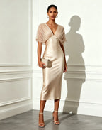 Champagne Ruched Satin V Neck Short Sleeve Raglan Sleeves Sheath Midi Dress