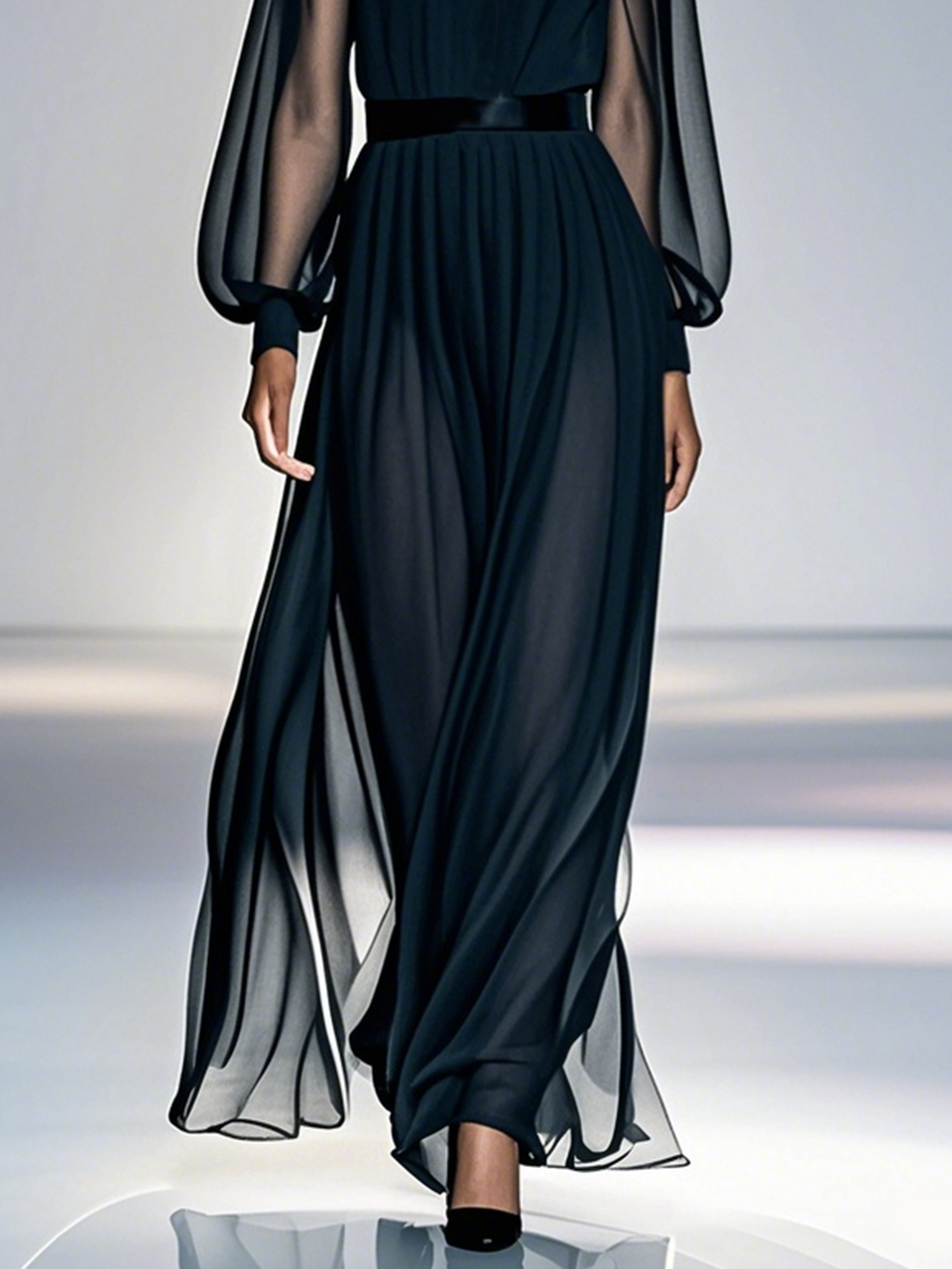 Black Mesh Ruched Chiffon Crew Neck Long Balloon Sleeve A-Line Maxi Dress