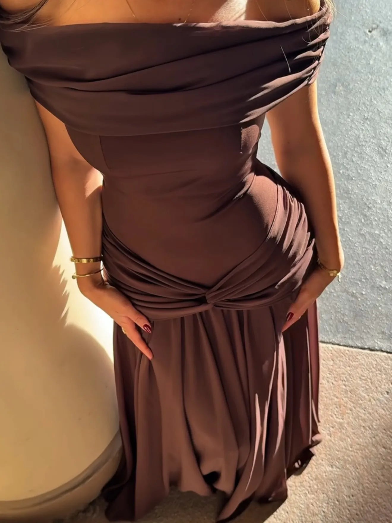 Cocoslly Off-The-Shoulder Sleeveless High Waist Long Prom Dress With Pleated | Brown Chiffon CO0138