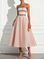 Champagne Glitter Beaded Sequin Strapless Sleeveless A-Line Midi Dress