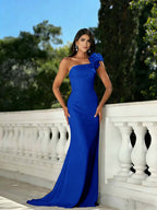 Satin One Shoulder Strapless Sleeveless Long Mermaid Prom Dress With Beadings And Flower YK0640
