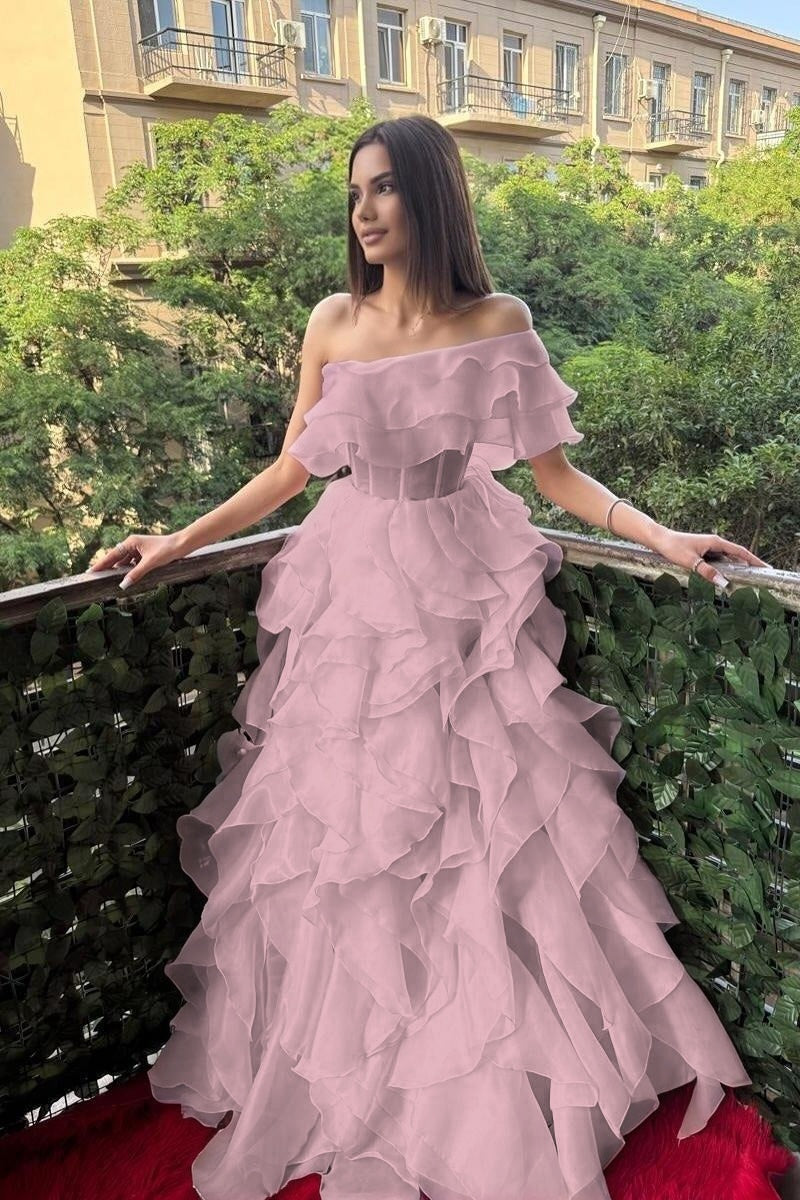 Cocoslly One Shoulder Sleeveless High Waist Long Prom Dress With Ruffles | Pink Chiffon XJ0753