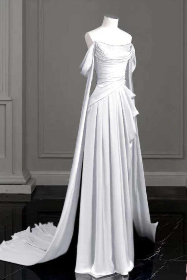 Cocoslly Off-The-Shoulder Pleated Long Prom Dress With Trailing On Both Sides | Purple Satin ZT0580